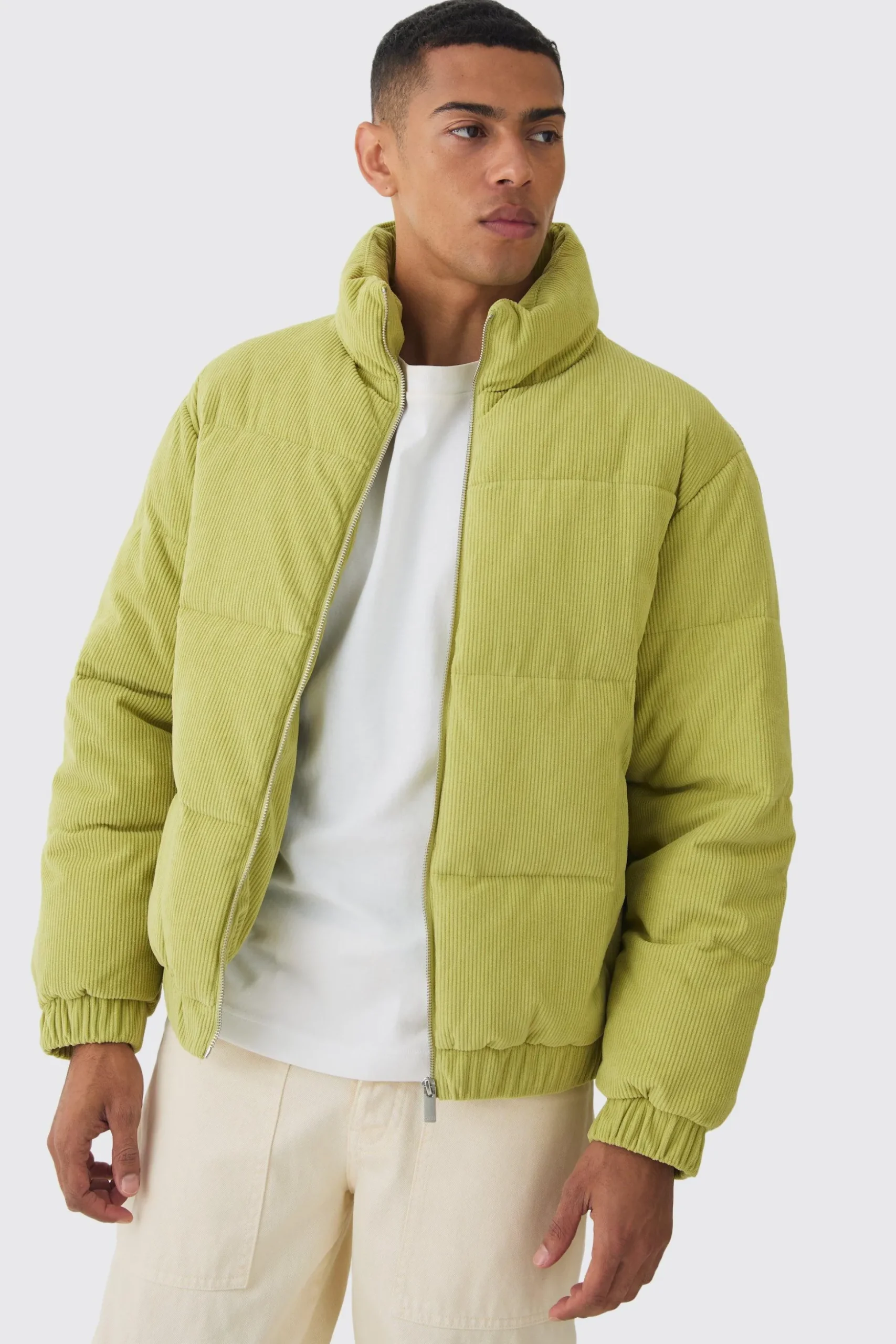 Cord Funnel Neck Puffer Coat In Lime | BoohooMAN UK