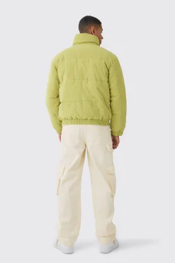 Cord Funnel Neck Puffer Coat In Lime | BoohooMAN UK