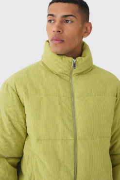 Cord Funnel Neck Puffer Coat In Lime | BoohooMAN UK