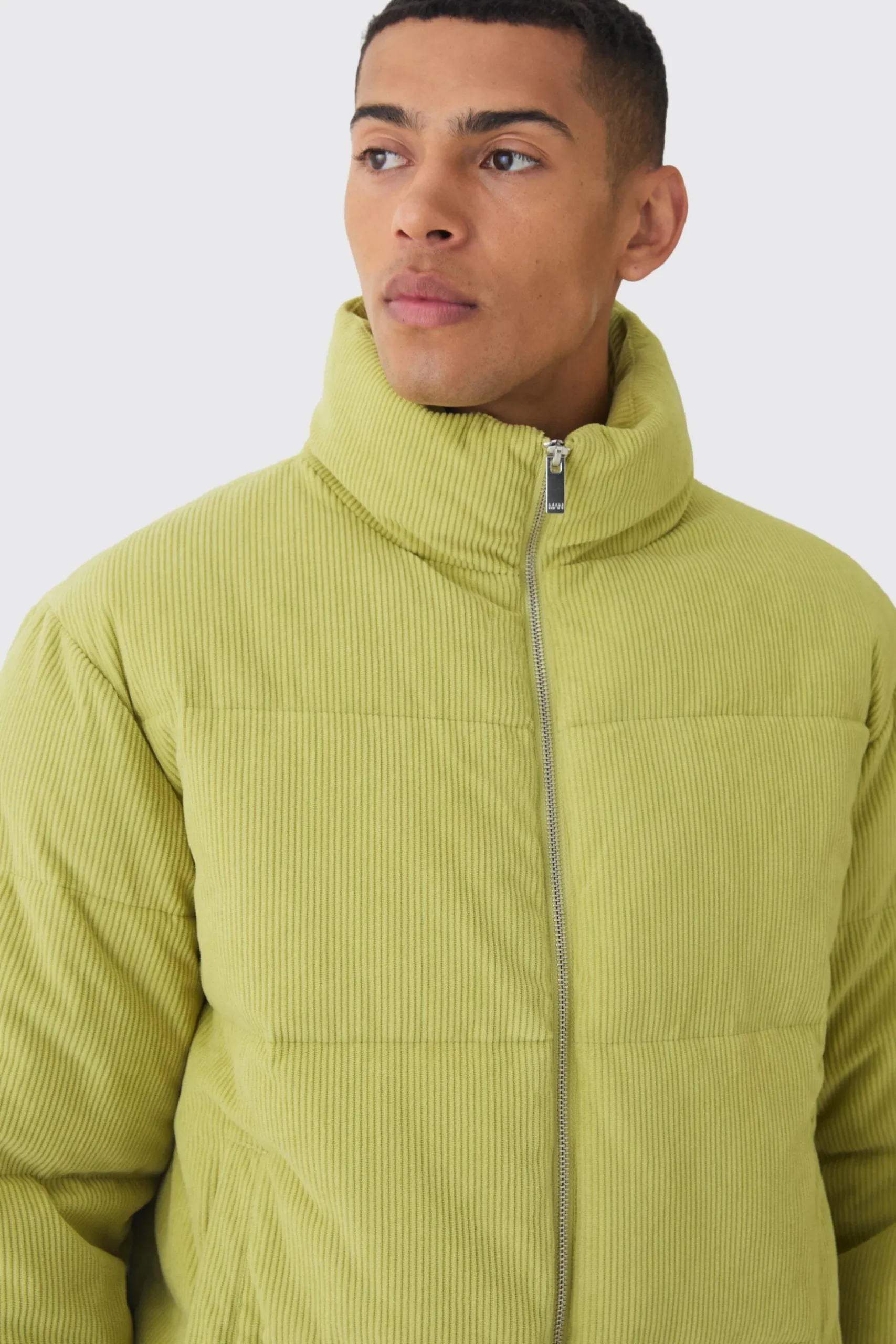 Cord Funnel Neck Puffer Coat In Lime | BoohooMAN UK