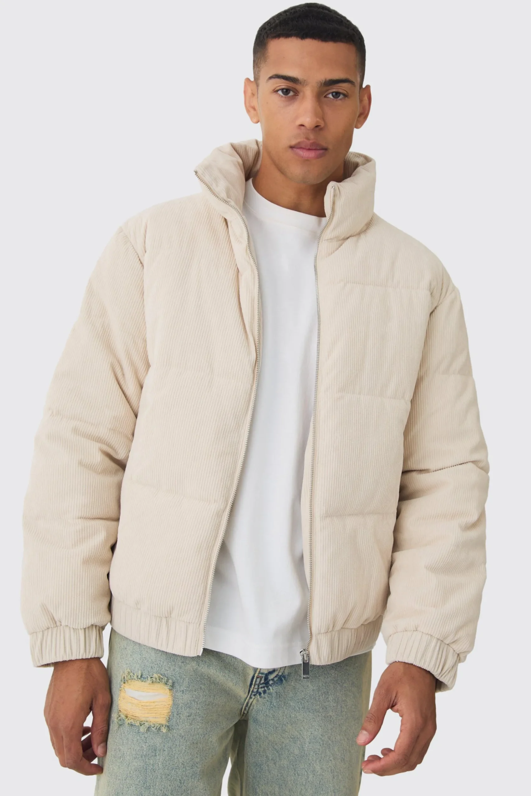 Cord Funnel Neck Puffer Coat In Ecru | BoohooMAN UK