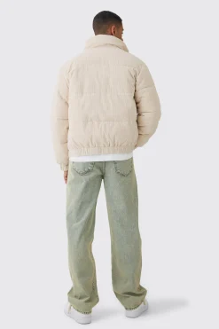 Cord Funnel Neck Puffer Coat In Ecru | BoohooMAN UK