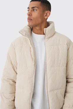 Cord Funnel Neck Puffer Coat In Ecru | BoohooMAN UK