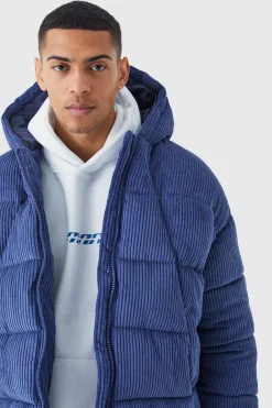 Cord Panelled Hooded Puffer | BoohooMAN UK