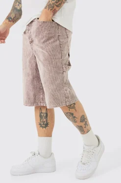 Corduroy Acid Wash Carpenter Jort In Chocolate | BoohooMAN UK