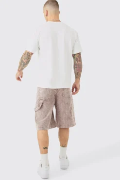 Corduroy Acid Wash Carpenter Jort In Chocolate | BoohooMAN UK