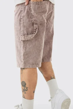 Corduroy Acid Wash Carpenter Jort In Chocolate | BoohooMAN UK