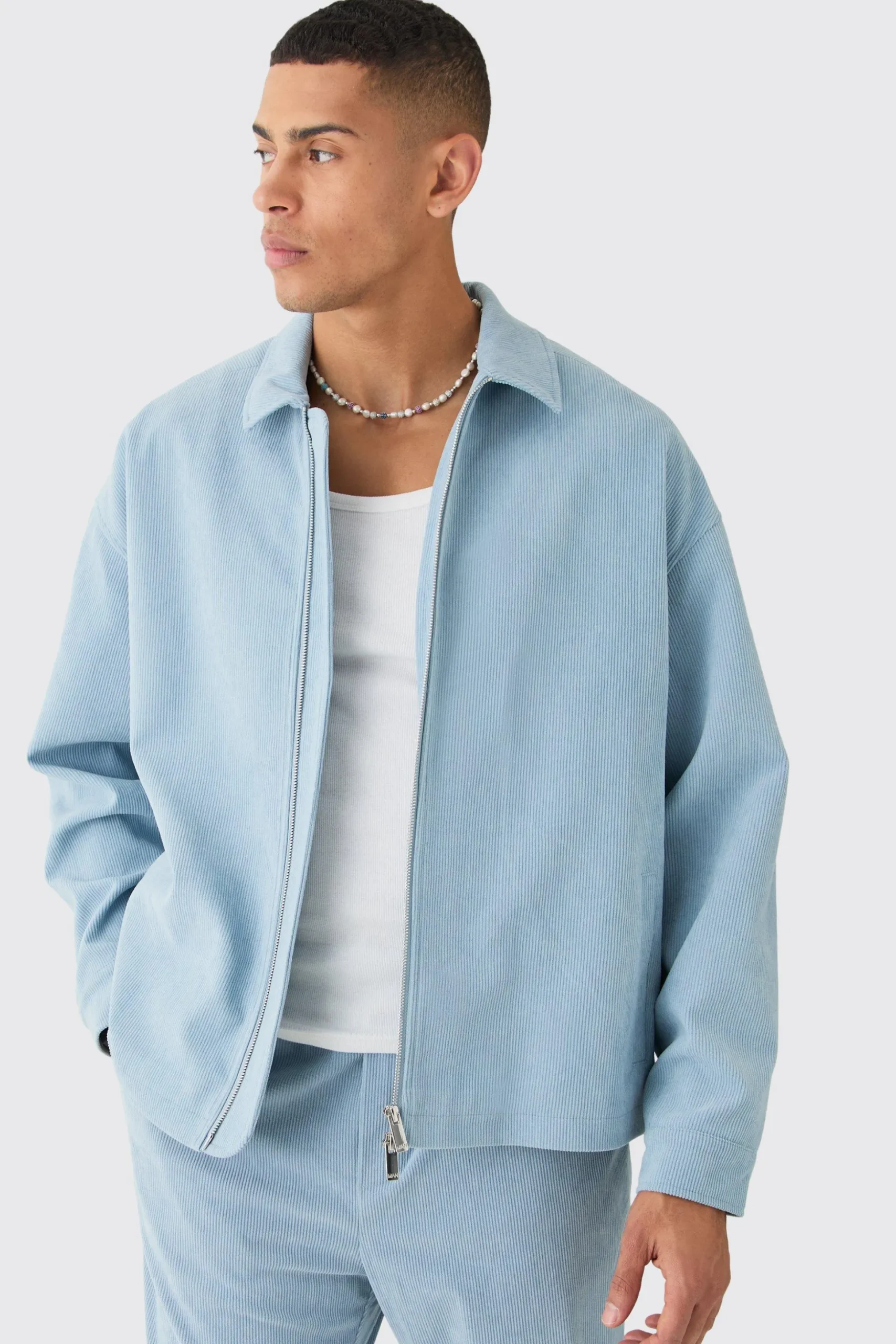 Corduroy Boxy Fit Zip Up Harrington Jacket | BoohooMAN UK