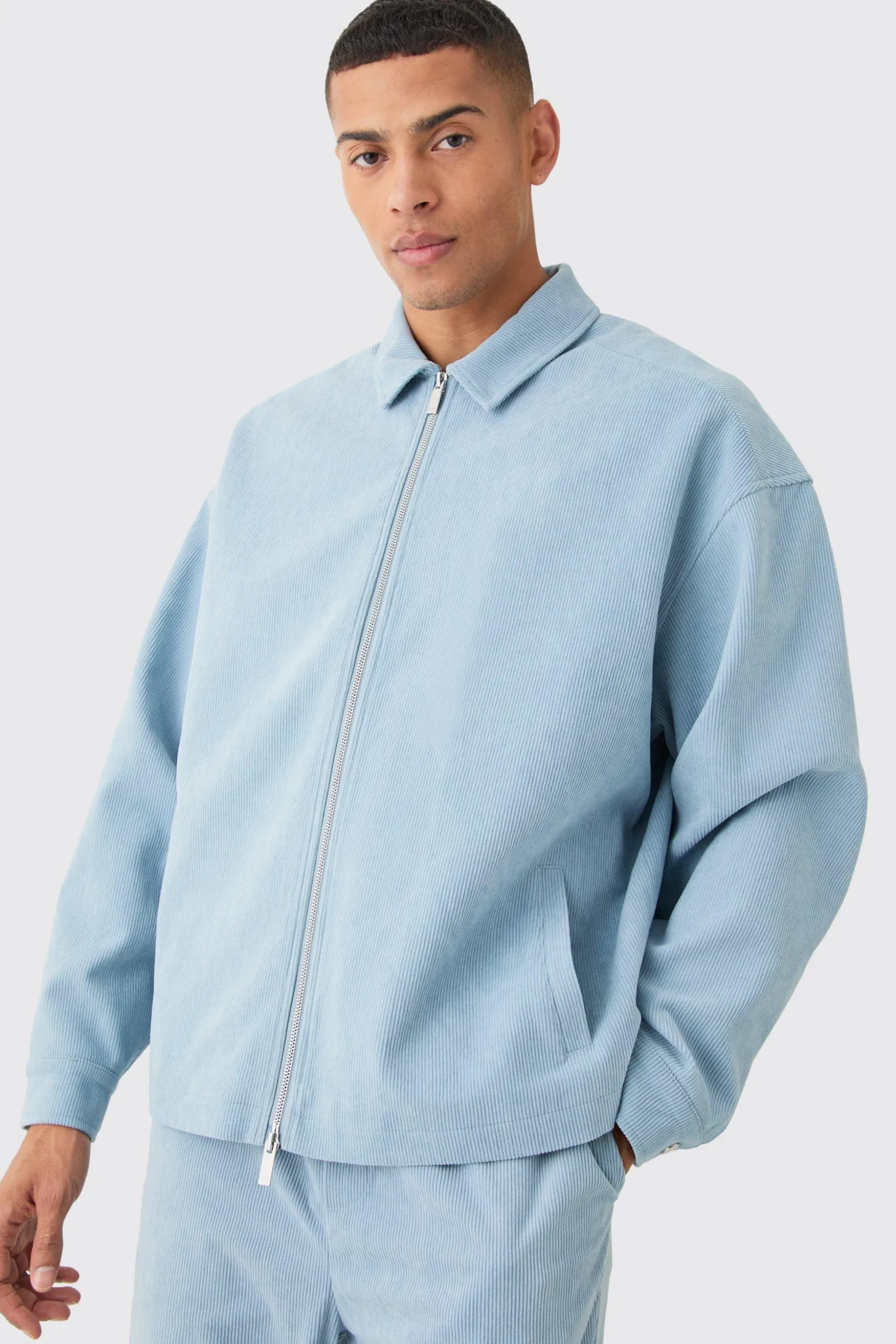 Corduroy Boxy Fit Zip Up Harrington Jacket | BoohooMAN UK