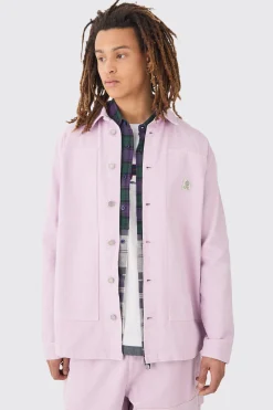 Crinkle Denim Overdyed Carpenter Detail Overshirt In Lilac | BoohooMAN UK