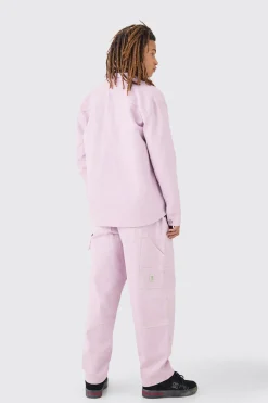 Crinkle Denim Overdyed Carpenter Detail Overshirt In Lilac | BoohooMAN UK