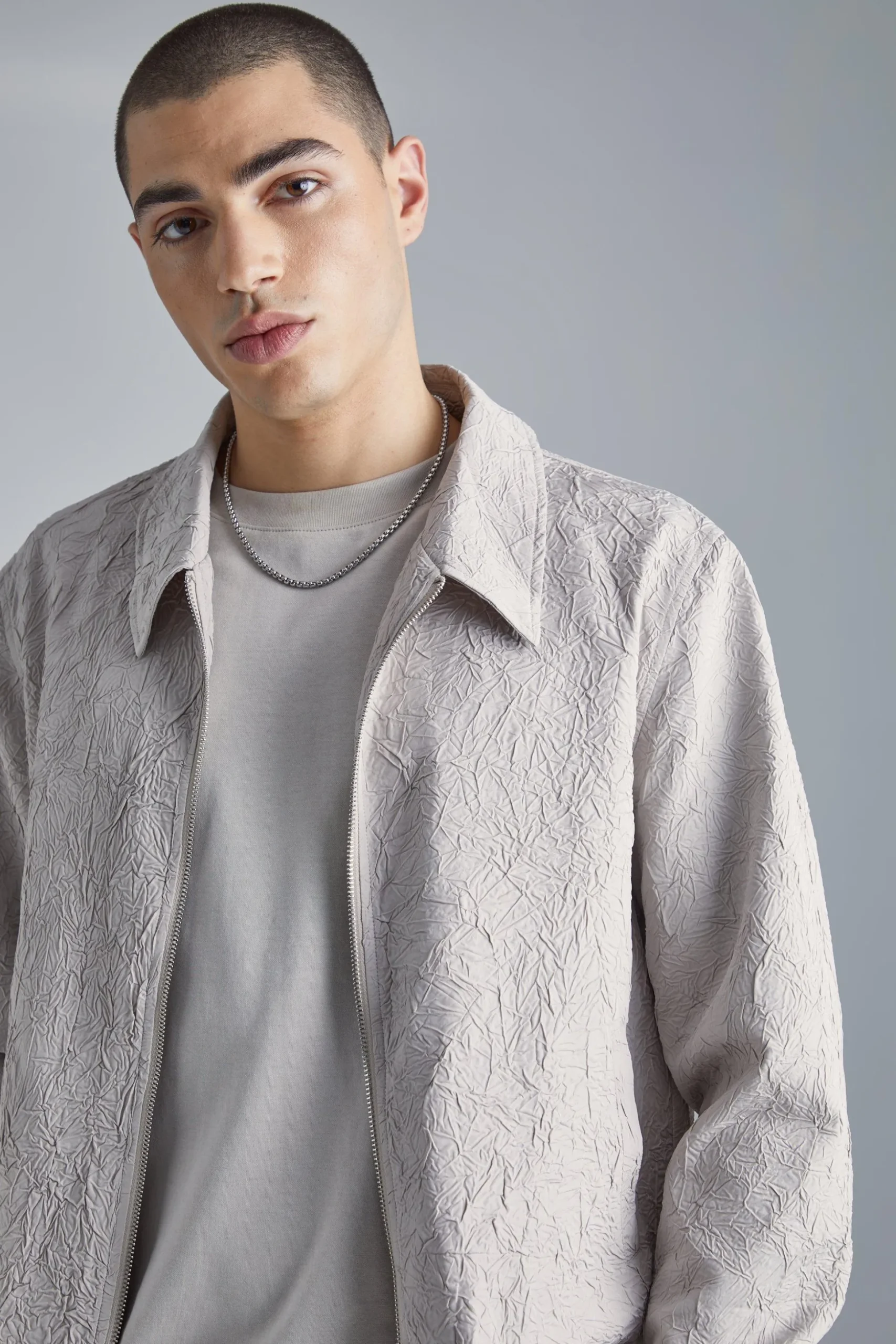 Crinkle Fabric Collared Bomber | BoohooMAN UK