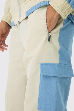 Crinkle Nylon And Denim Relaxed Cargo Jogger | BoohooMAN UK