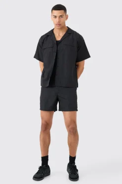 Crinkle Nylon Pocket Shirt & Short Set | BoohooMAN UK