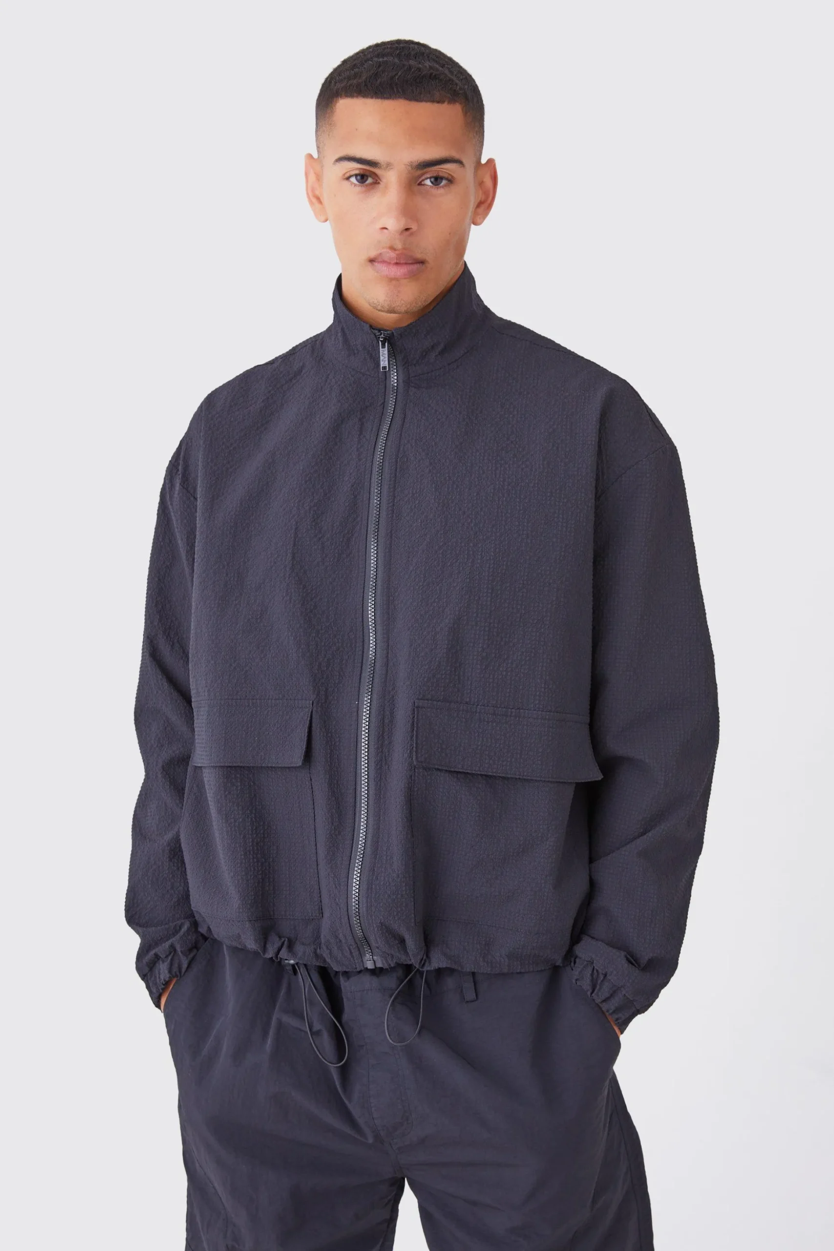 Crinkle Nylon Zip Through Harrington | BoohooMAN UK