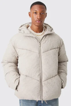 Crinkle Texture Hooded Puffer | BoohooMAN UK