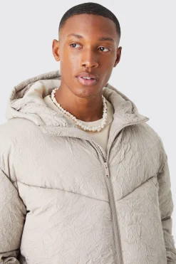 Crinkle Texture Hooded Puffer | BoohooMAN UK