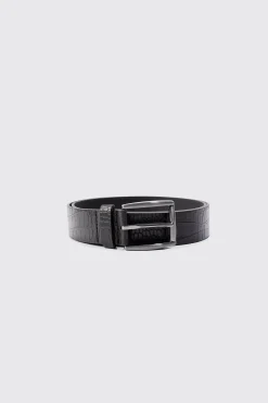 Croc Detail PU Belt In Black | BoohooMAN UK