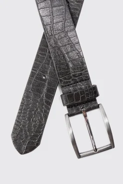 Croc Detail PU Belt In Black | BoohooMAN UK