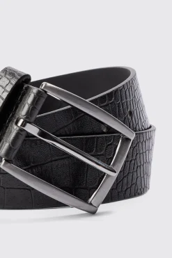 Croc Detail PU Belt In Black | BoohooMAN UK