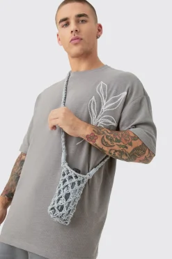 Crochet Bottle Bag In Stone | BoohooMAN UK