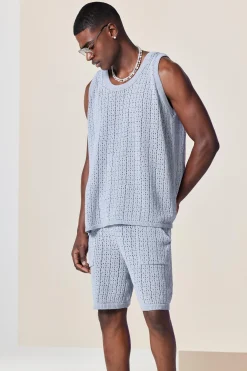 Crochet Knitted Mid Length Shorts In Grey | BoohooMAN UK