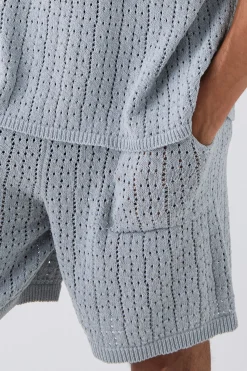 Crochet Knitted Mid Length Shorts In Grey | BoohooMAN UK