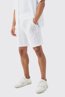 Crochet Knitted Mid Length Shorts In White | BoohooMAN UK