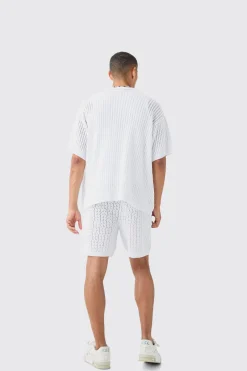 Crochet Knitted Mid Length Shorts In White | BoohooMAN UK