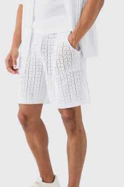 Crochet Knitted Mid Length Shorts In White | BoohooMAN UK