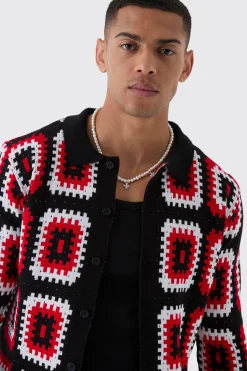 Crochet Long Sleeve Knitted Overshirt | BoohooMAN UK