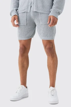 Crochet Open Knit Mid Length Shorts In Grey | BoohooMAN UK