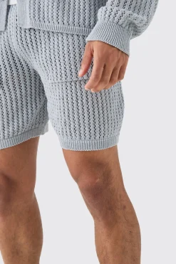 Crochet Open Knit Mid Length Shorts In Grey | BoohooMAN UK