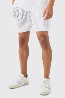 Crochet Open Knit Mid Length Shorts In White | BoohooMAN UK