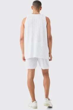 Crochet Open Knit Mid Length Shorts In White | BoohooMAN UK