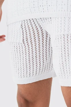 Crochet Open Knit Mid Length Shorts In White | BoohooMAN UK