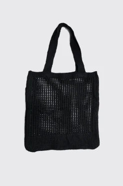 Crochet Tote Bag In Black | BoohooMAN UK