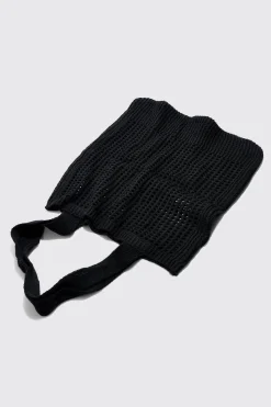 Crochet Tote Bag In Black | BoohooMAN UK