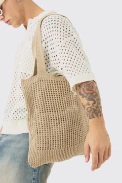 Crochet Tote Bag In Stone | BoohooMAN UK