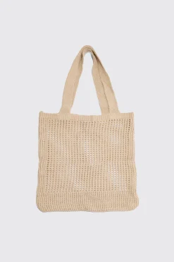 Crochet Tote Bag In Stone | BoohooMAN UK