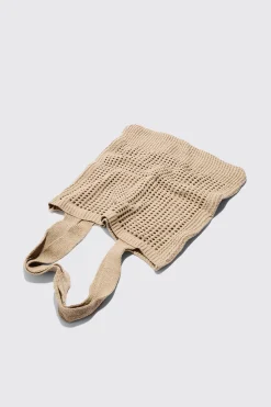 Crochet Tote Bag In Stone | BoohooMAN UK