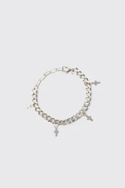 Cross Charm Bracelet In Silver | BoohooMAN UK