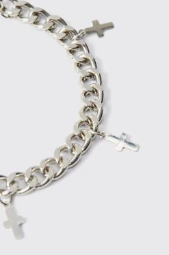 Cross Charm Bracelet In Silver | BoohooMAN UK