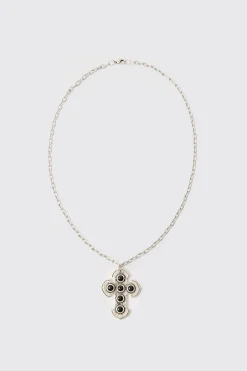 Cross Gem Pendant Necklace In Silver | BoohooMAN UK