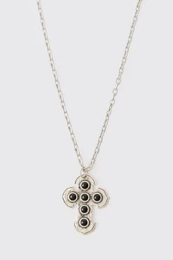 Cross Gem Pendant Necklace In Silver | BoohooMAN UK