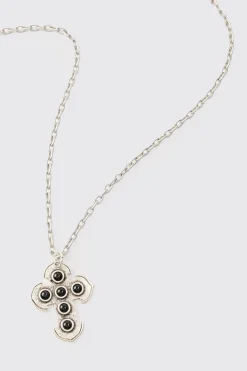 Cross Gem Pendant Necklace In Silver | BoohooMAN UK