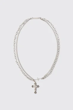 Cross Pendant Multi Layer Necklace | BoohooMAN UK