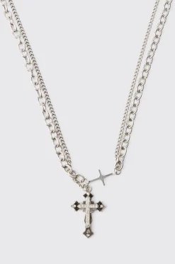 Cross Pendant Multi Layer Necklace | BoohooMAN UK