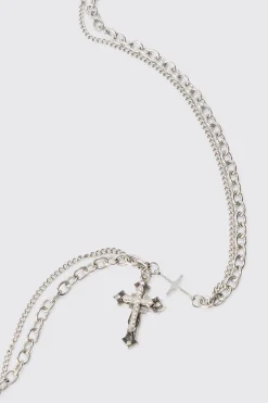 Cross Pendant Multi Layer Necklace | BoohooMAN UK