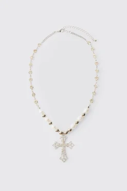 Cross Pendant Pearl And Metal Bead Necklace | BoohooMAN UK